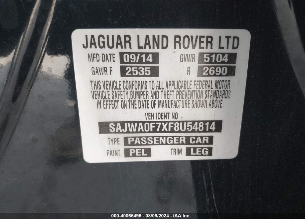 2015 JAGUAR XF VIN: SAJWA0F7XF8U54814