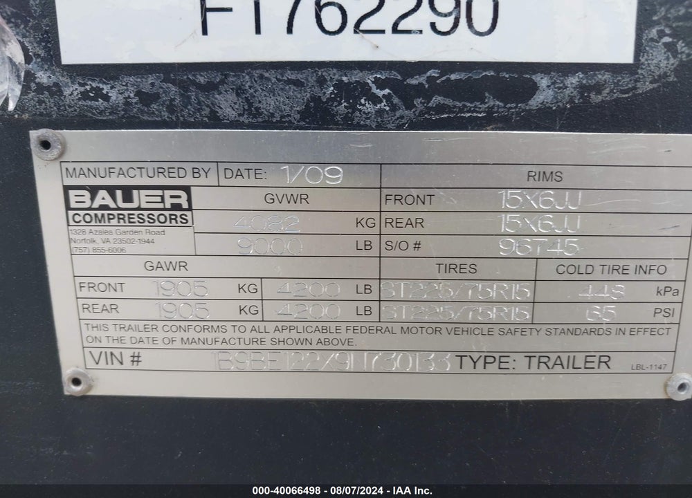 2009 TRAILER BAUER COMPRESSOR T-COM/25H VIN: 1B9BE122X9N730133