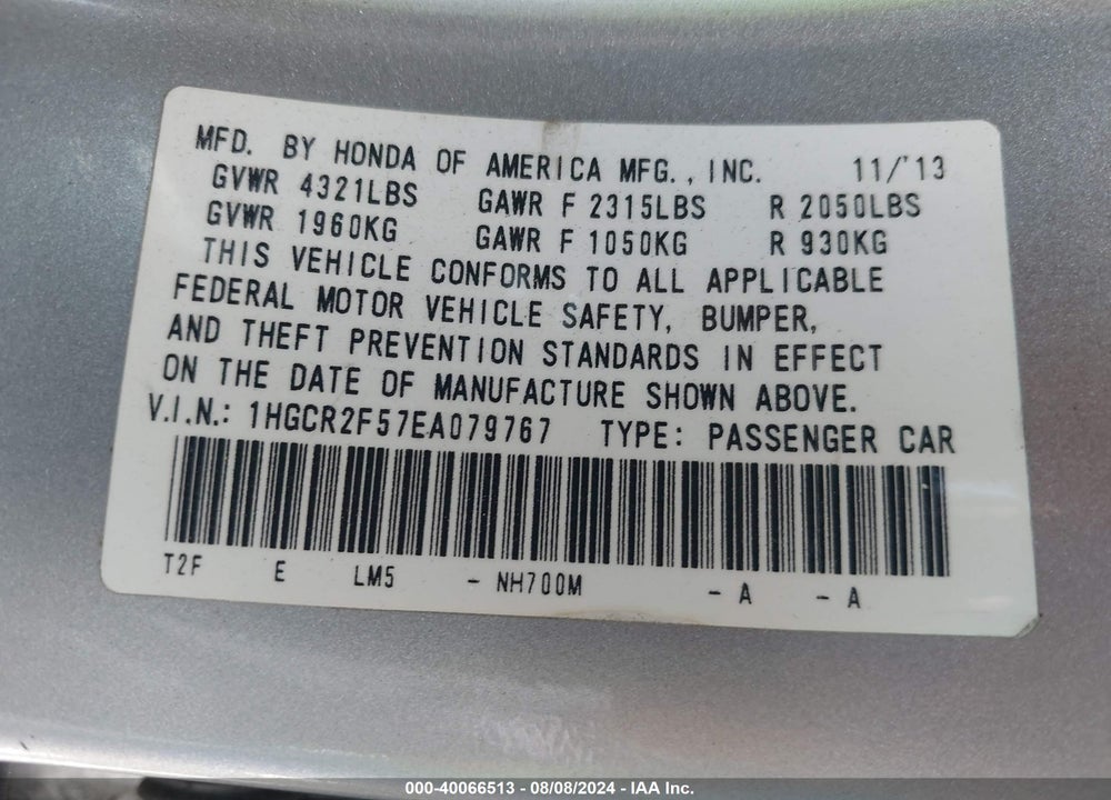 2014 HONDA ACCORD SPORT VIN: 1HGCR2F57EA079767