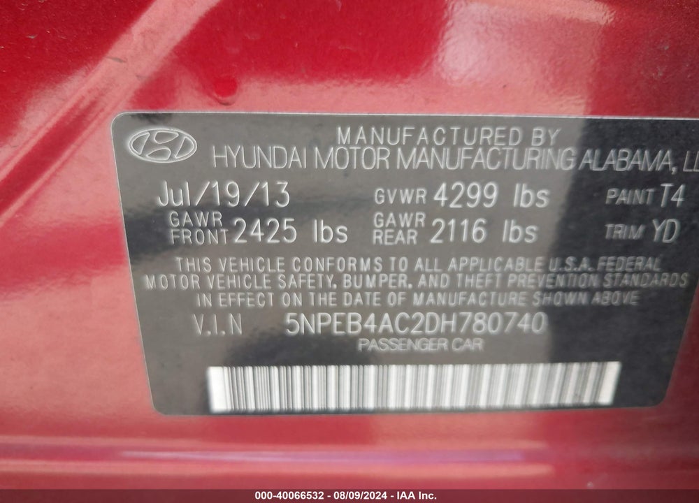 2013 HYUNDAI SONATA GLS VIN: 5NPEB4AC2DH780740