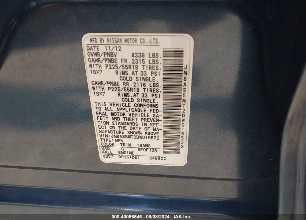 2013 NISSAN ROGUE SV W/SL PKG VIN: JN8AS5MT2DW016532