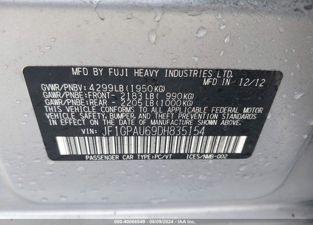 2013 SUBARU IMPREZA VIN: JF1GPAU69DH835154