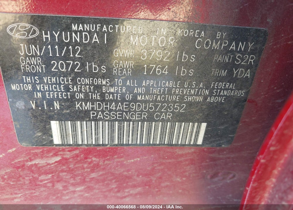 2013 HYUNDAI ELANTRA LIMITED VIN: KMHDH4AE9DU572352
