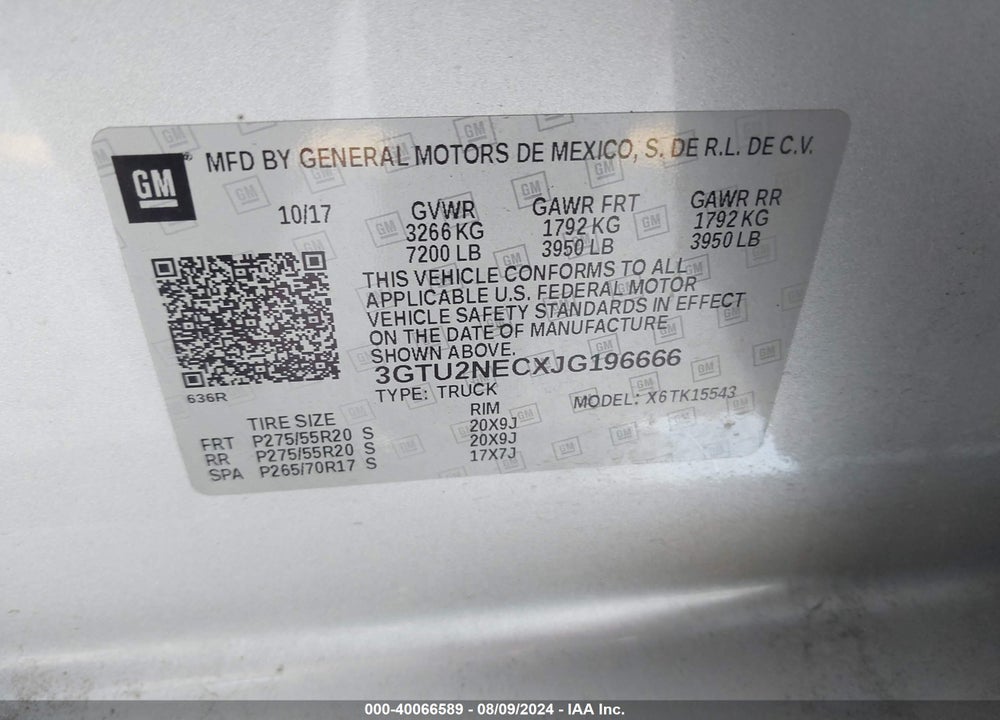 2018 GMC SIERRA 1500 SLT VIN: 3GTU2NECXJG196666