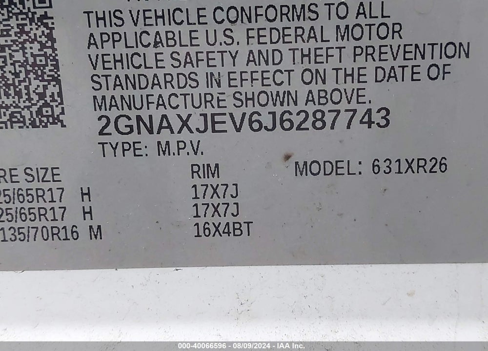 2018 CHEVROLET EQUINOX LT VIN: 2GNAXJEV6J6287743