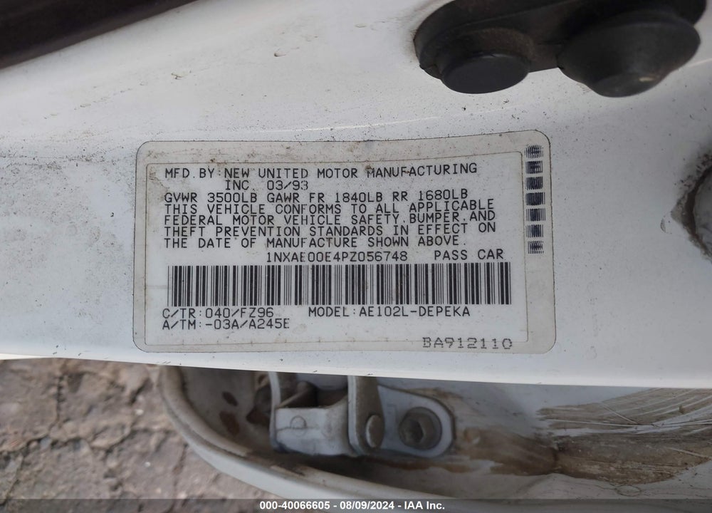 1993 TOYOTA COROLLA LE VIN: 1NXAE00E4PZ056748