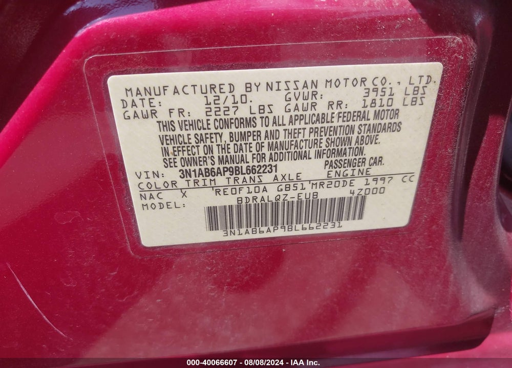 2011 NISSAN SENTRA 2.0 VIN: 3N1AB6AP9BL662231