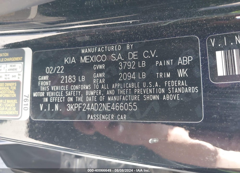 2022 KIA FORTE LXS VIN: 3KPF24AD2NE466055
