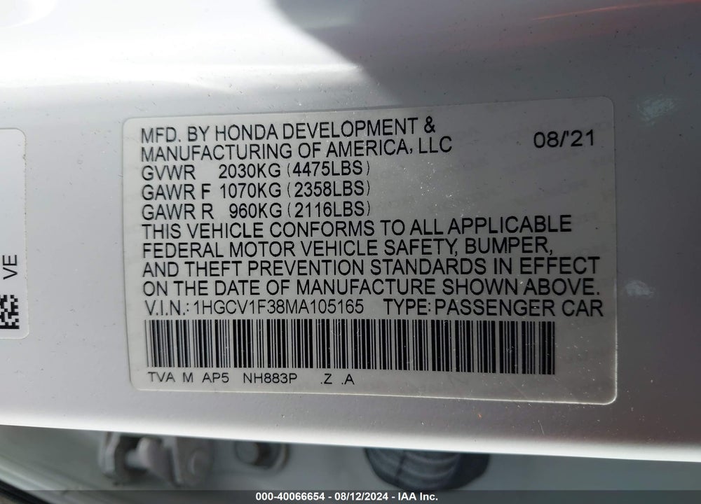 2021 HONDA ACCORD SPORT VIN: 1HGCV1F38MA105165