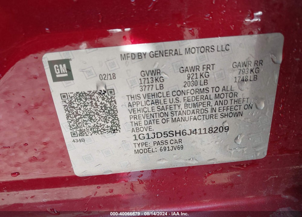 2018 CHEVROLET SONIC LT AUTO VIN: 1G1JD5SH6J4118209