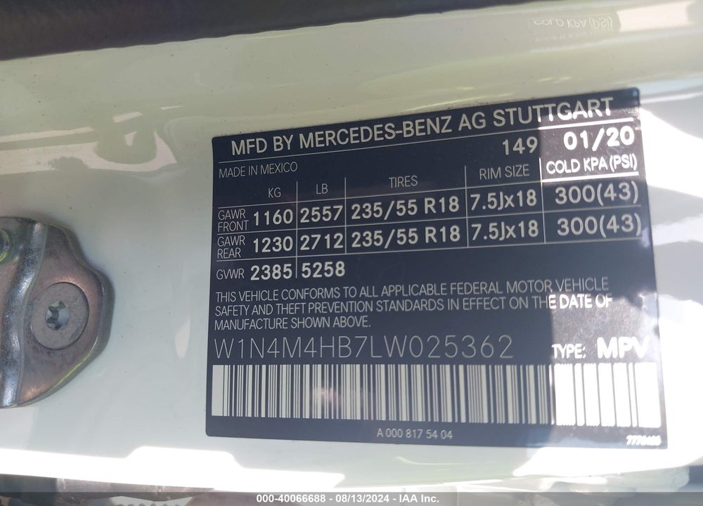 2020 MERCEDES-BENZ GLB 250 4MATIC VIN: W1N4M4HB7LW025362