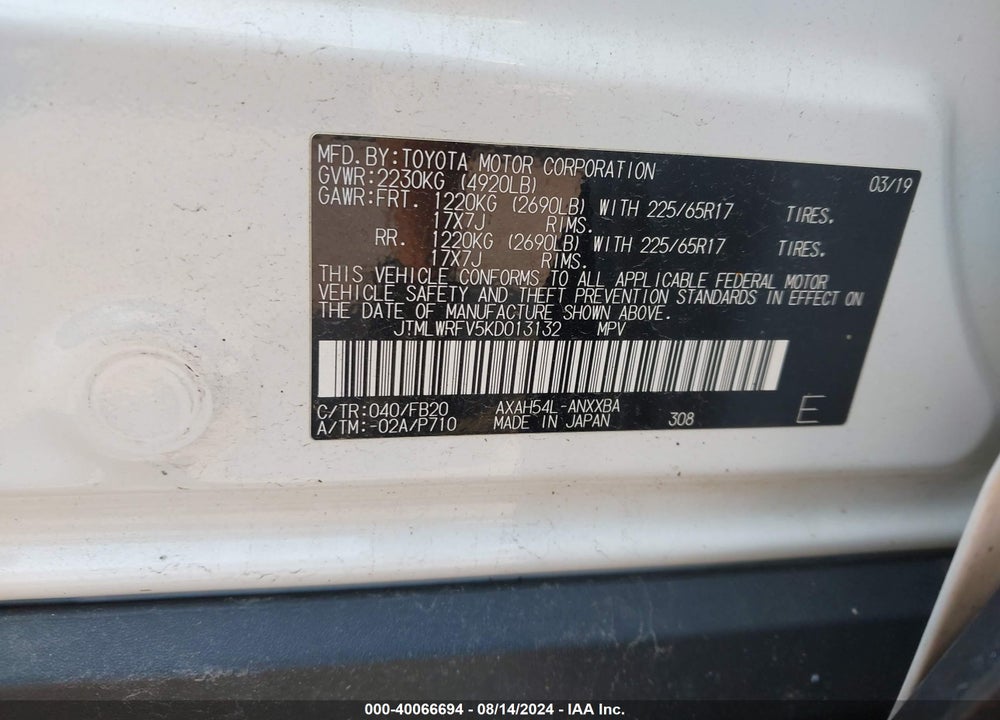 2019 TOYOTA RAV4 HYBRID LE VIN: JTMLWRFV5KD013132