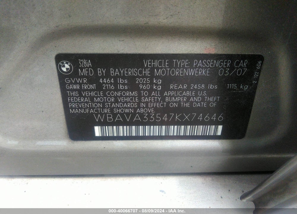2007 BMW 328I VIN: WBAVA33547KX74646
