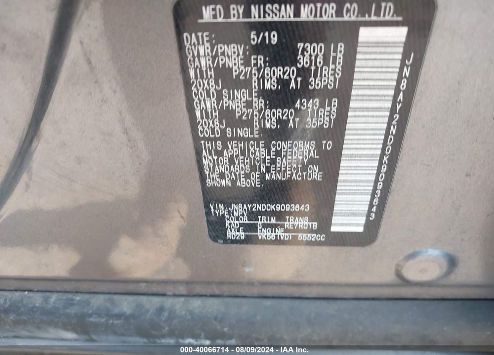 2019 NISSAN ARMADA VIN: JN8AY2ND0K9093643