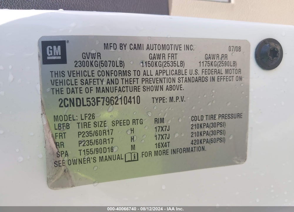2009 CHEVROLET EQUINOX LT VIN: 2CNDL53F796210410