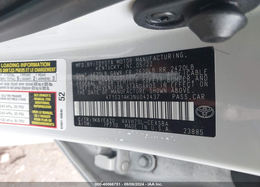 2022 TOYOTA CAMRY SE HYBRID VIN: 4T1S31AK3NU042437