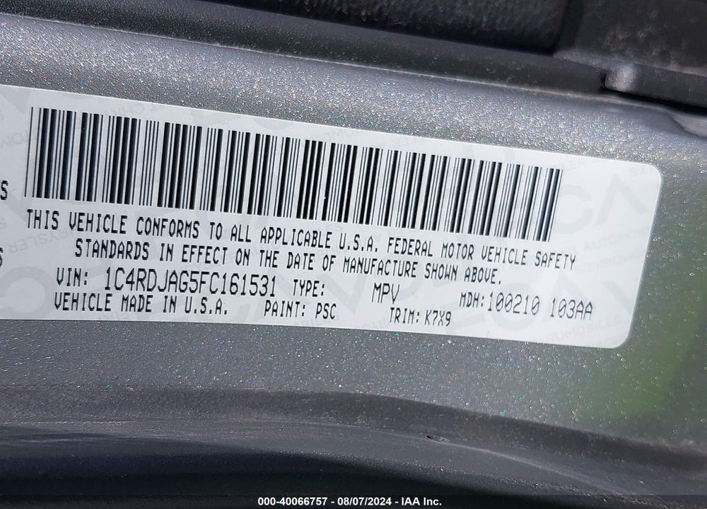2015 DODGE DURANGO SXT VIN: 1C4RDJAG5FC161531