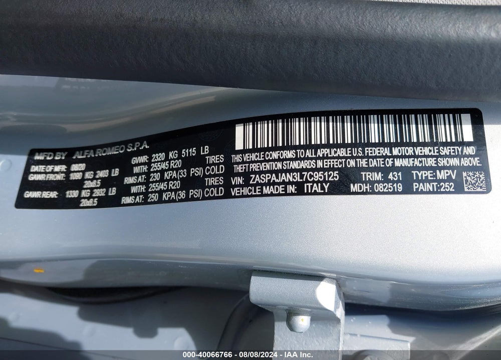 2020 ALFA ROMEO STELVIO RWD VIN: ZASPAJAN3L7C95125