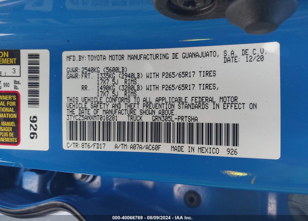2021 TOYOTA TACOMA SR V6 VIN: 3TYCZ5ANXMT018281