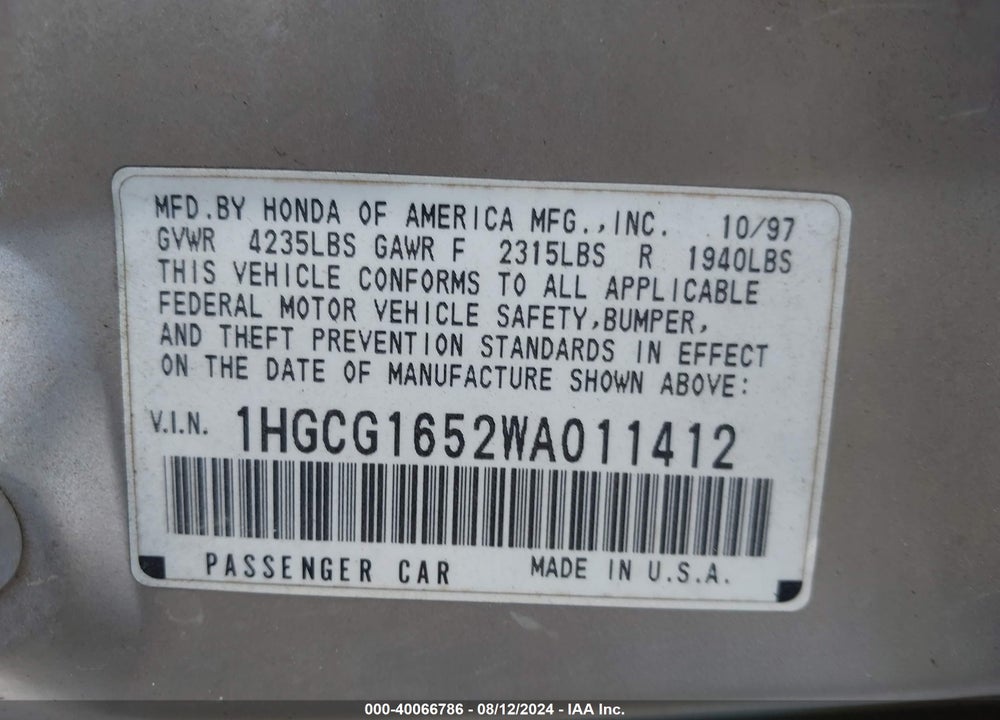 1998 HONDA ACCORD EX V6 VIN: 1HGCG1652WA011412