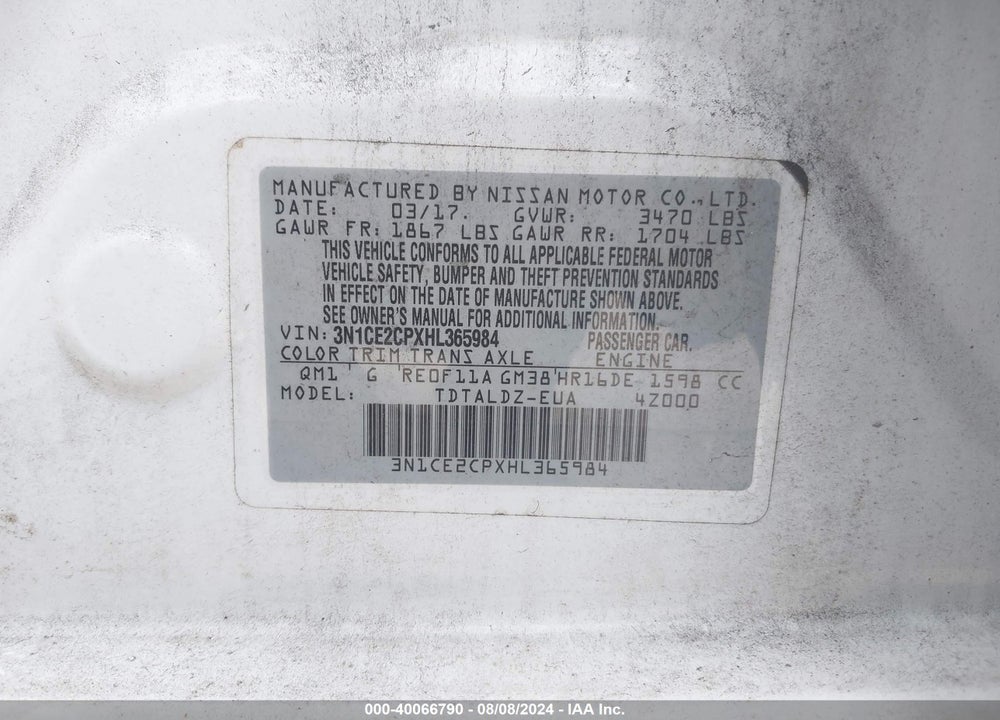 2017 NISSAN VERSA NOTE SV VIN: 3N1CE2CPXHL365984