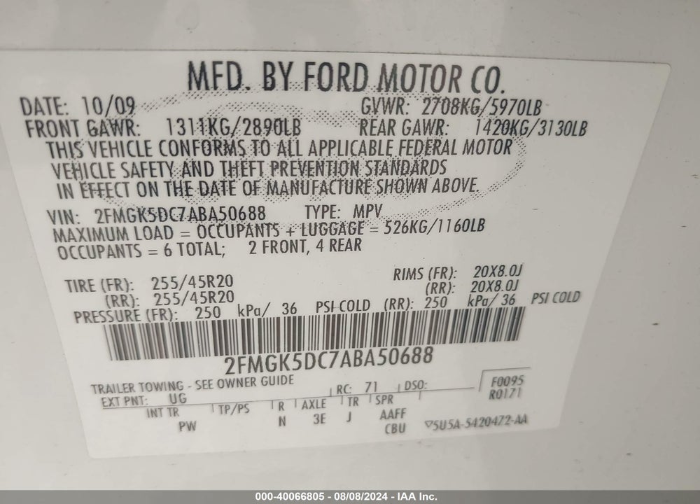 2010 FORD FLEX LIMITED VIN: 2FMGK5DC7ABA50688