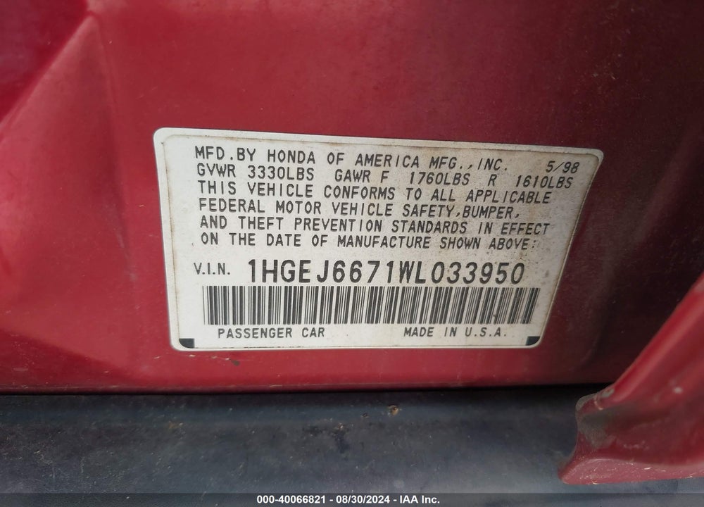 1998 HONDA CIVIC LX VIN: 1HGEJ6671WL033950
