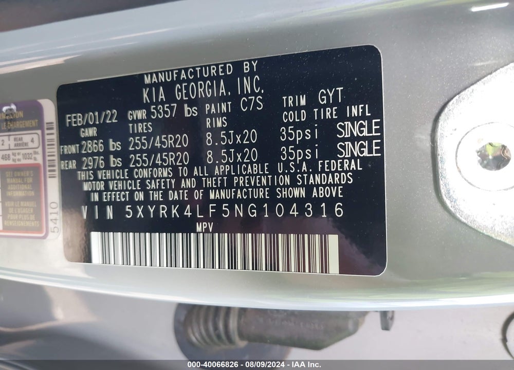 2022 KIA SORENTO SX PRESTIGE VIN: 5XYRK4LF5NG104316