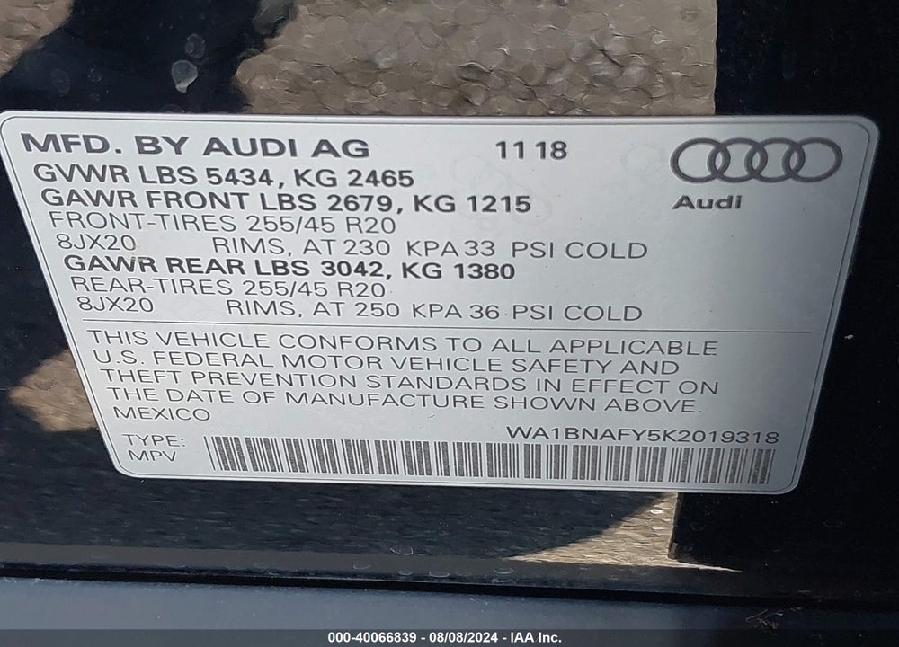 2019 AUDI Q5 45 PREMIUM VIN: WA1BNAFY5K2019318