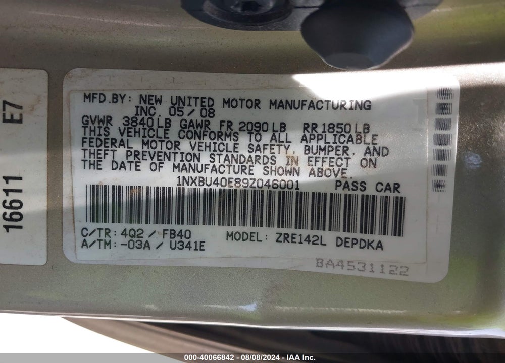 2009 TOYOTA COROLLA VIN: 1NXBU40E89Z046001