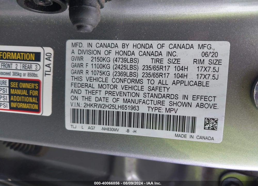 2020 HONDA CR-V LX VIN: 2HKRW2H25LH651963
