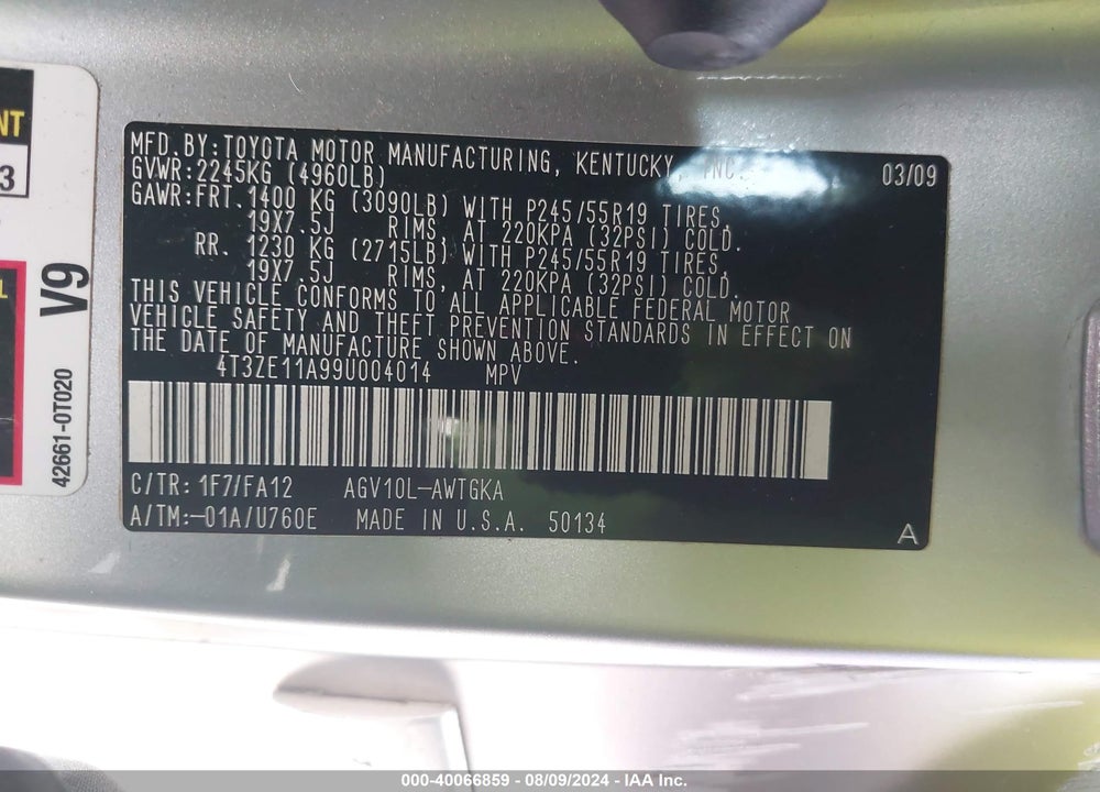 2009 TOYOTA VENZA VIN: 4T3ZE11A99U004014