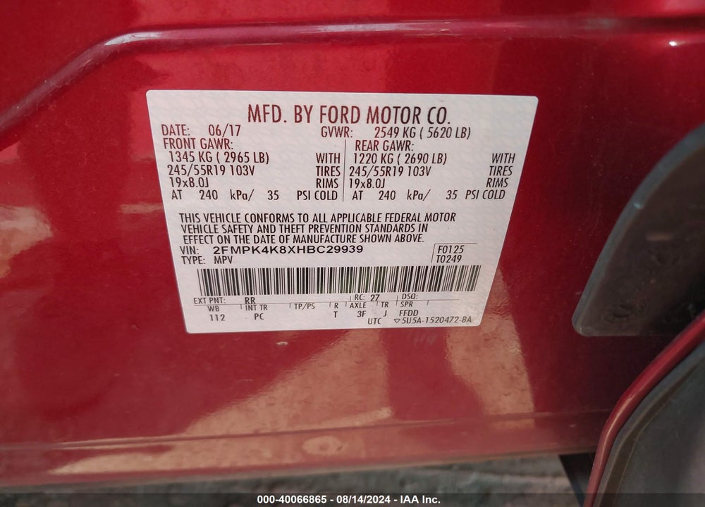 2017 FORD EDGE TITANIUM VIN: 2FMPK4K8XHBC29939