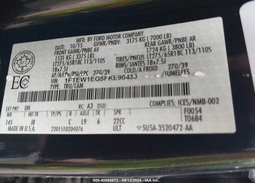 2015 FORD F150 SUPERCREW VIN: 1FTEW1EG5FKE90433