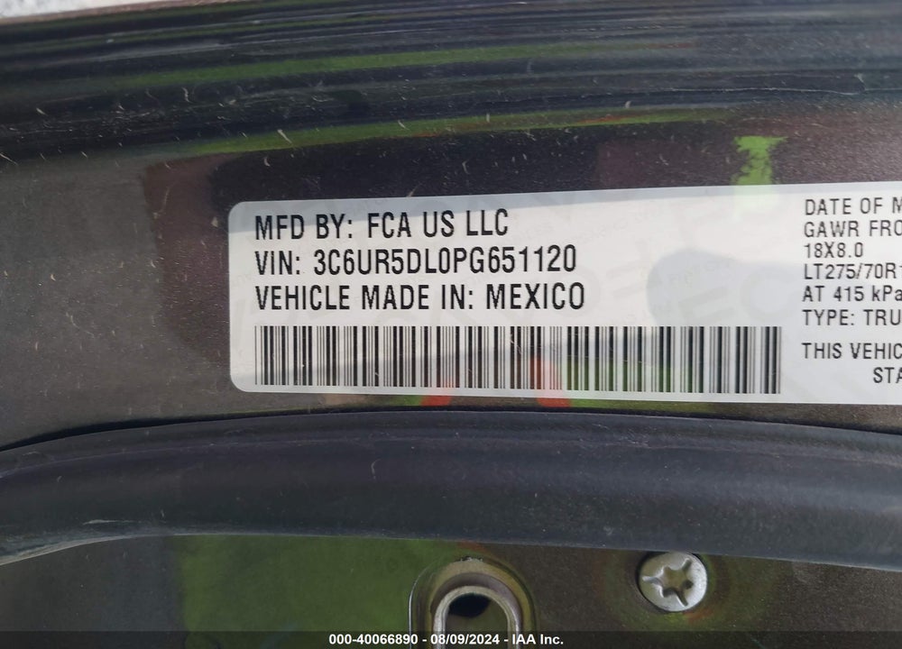2023 RAM 2500 BIG HORN VIN: 3C6UR5DL0PG651120