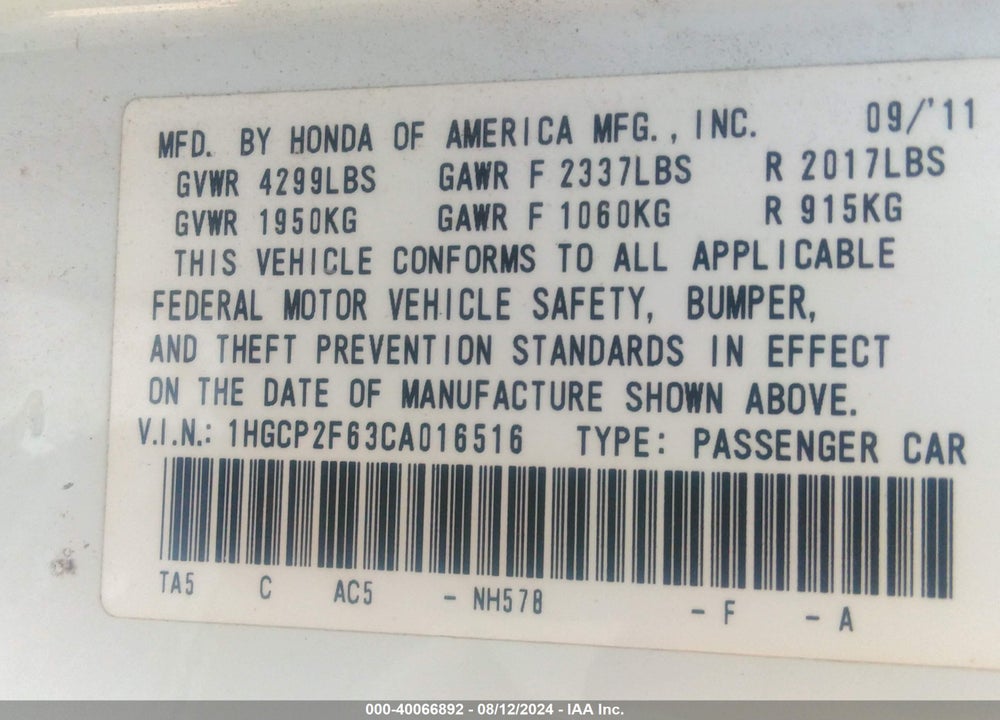 2012 HONDA ACCORD 2.4 SE VIN: 1HGCP2F63CA016516