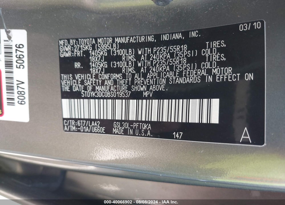 2011 TOYOTA SIENNA LIMITED V6 VIN: 5TDYK3DC0BS019537