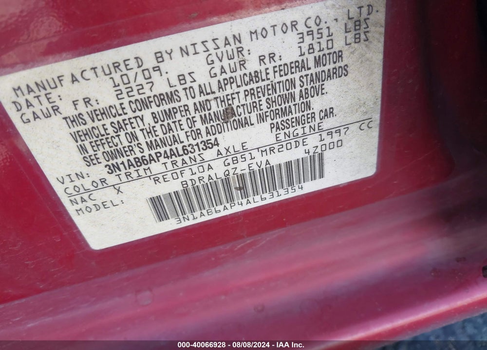 2010 NISSAN SENTRA 2.0 VIN: 3N1AB6AP4AL631354