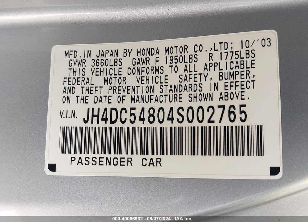 2004 ACURA RSX VIN: JH4DC54804S002765