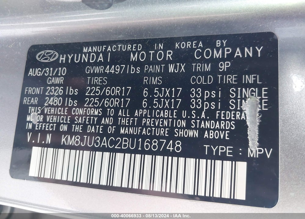 2011 HYUNDAI TUCSON GLS VIN: KM8JU3AC2BU168748