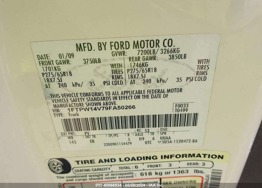 2009 FORD F-150 FX4/KING RANCH/LARIAT/PLATINUM/XL/XLT VIN: 1FTPW14V79FA50266