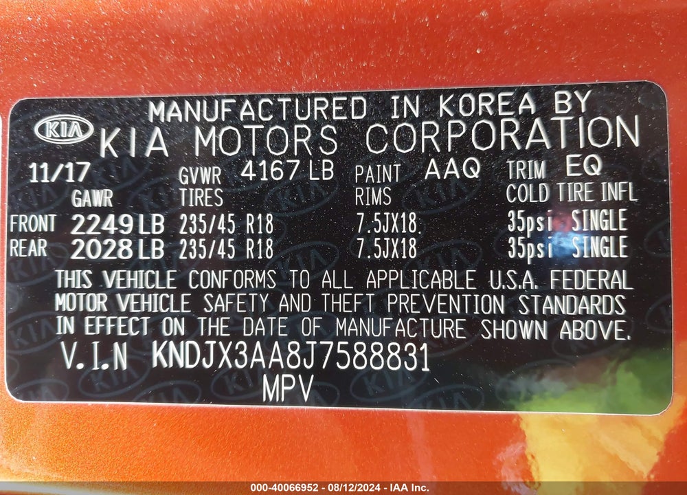 2018 KIA SOUL VIN: KNDJX3AA8J7588831