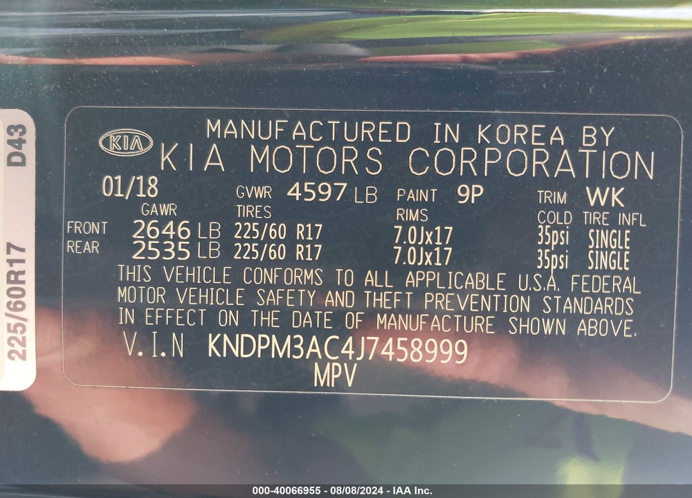 2018 KIA SPORTAGE LX VIN: KNDPM3AC4J7458999