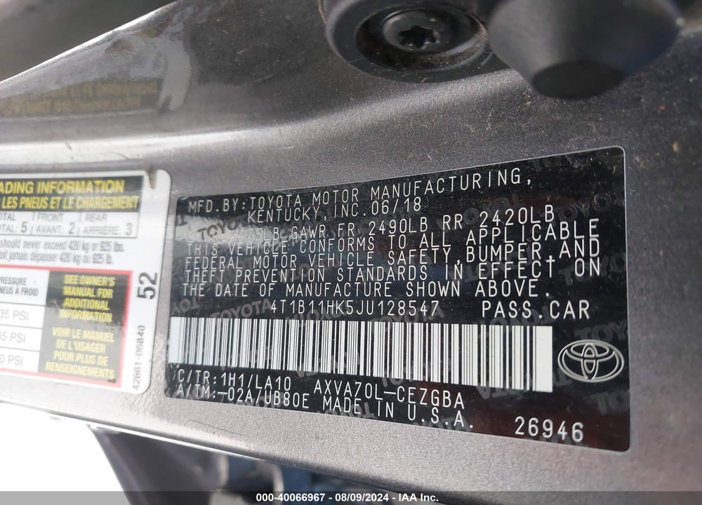 2018 TOYOTA CAMRY XLE VIN: 4T1B11HK5JU128547