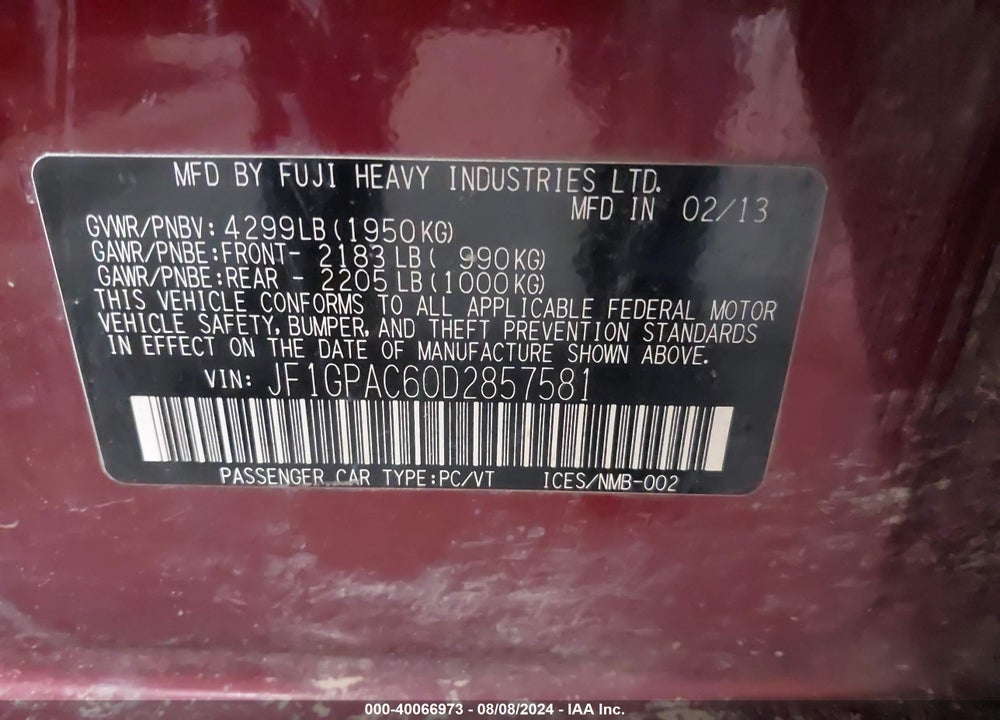 2013 SUBARU IMPREZA PREMIUM VIN: JF1GPAC60D2857581