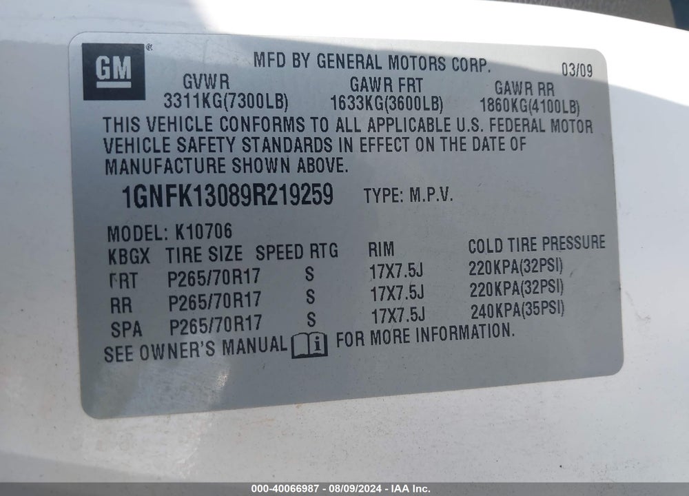 2009 CHEVROLET TAHOE COMMERCIAL FLEET VIN: 1GNFK13089R219259