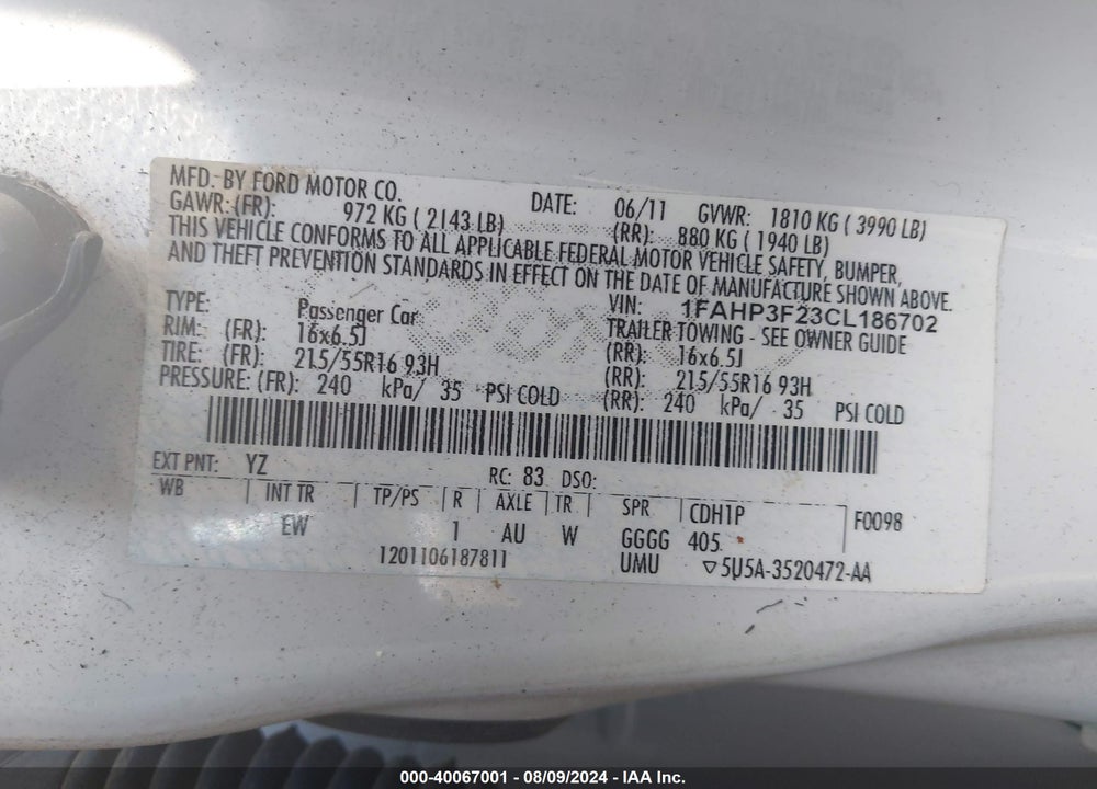 2012 FORD FOCUS SE VIN: 1FAHP3F23CL186702