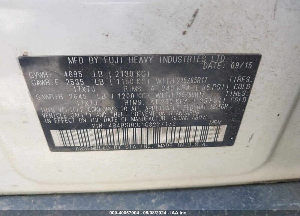 2016 SUBARU OUTBACK 2.5I PREMIUM VIN: 4S4BSBCC1G3227173