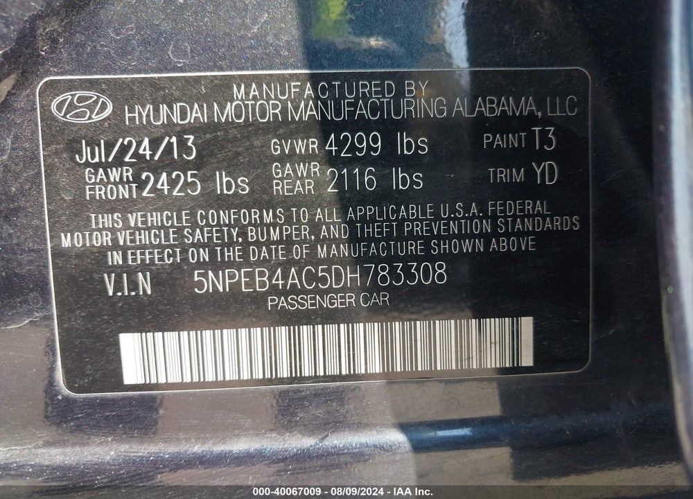 2013 HYUNDAI SONATA GLS VIN: 5NPEB4AC5DH783308