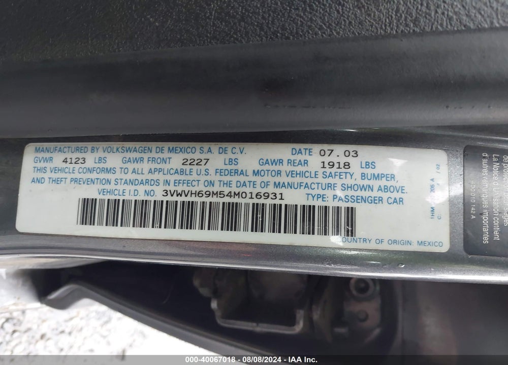 2004 VOLKSWAGEN JETTA VIN: 3VWVH69M54M016931